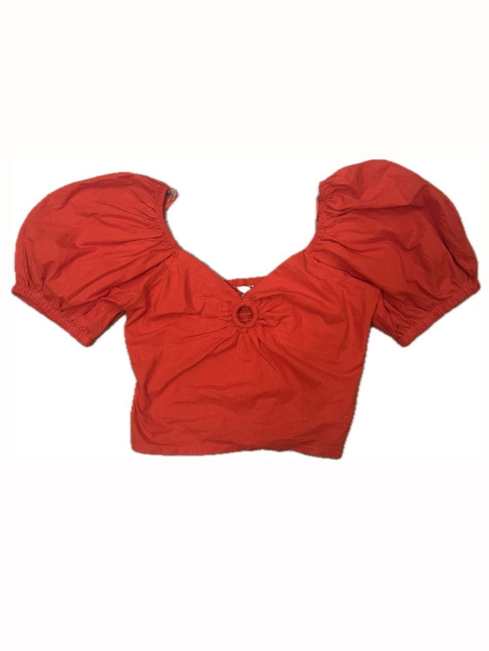Red Puff-Sleeve Crop Top with Ring Front Detail